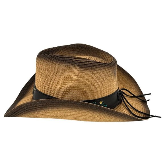 Two Tone Western Paper Straw Cowboy Hat Steer Head Band NWT - Picture 5 of 6